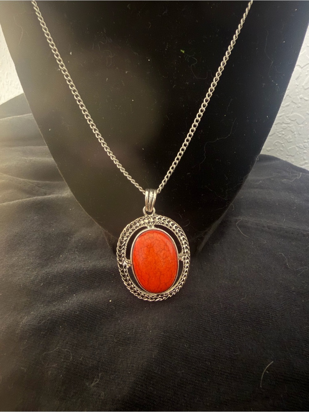 Silver-Tone Red Oval Stone Pendant Necklace